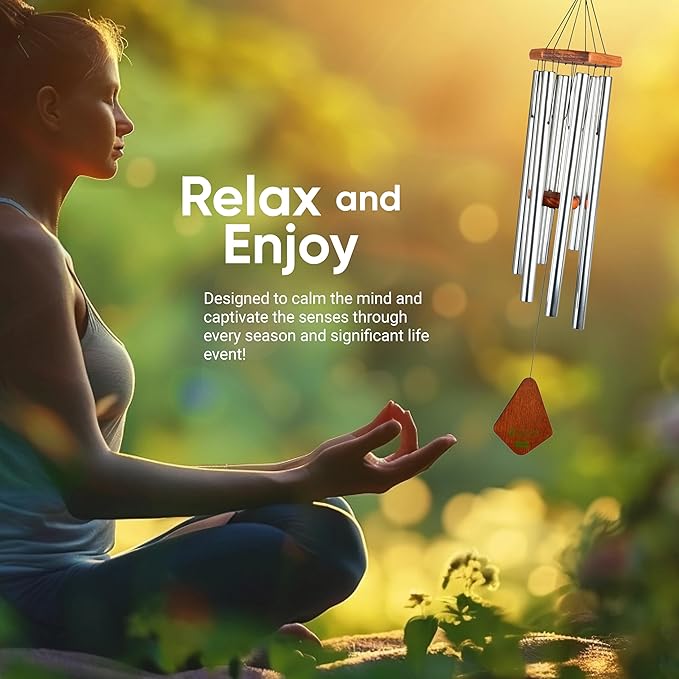 Nature’s Melody Premiere Grande Tunes Wind Chimes – Outdoor Windchime with 6 Tubes Tuned to E Pentatonic Scale, Rustproof Aluminum, Beech Wood & S Hook Hanger for Sympathy, Memorial Gift or Zen Garden-Ruum Studio Home