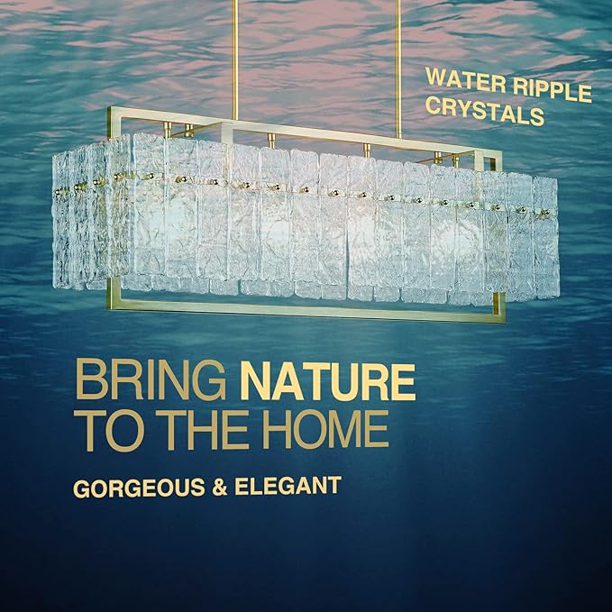 IKK Modern Gold Rectangle Chandeliers for Dining Room, Crystal Water Ripple Light Fixture, Elegant Farmhouse Linear Lighting for Kitchen Island, Bar Table, L33 x W9 x H12-Ruum Studio Home
