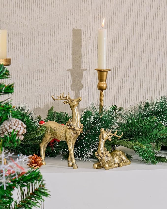 DN DECONATION 2pcs Gold Christmas Reindeer Statue, Christmas Clearance Small Resin Reindeer Figurine Indoor, Tabletop Reindeer Christmas Decor, Deer Figurine Decorations for Home-Ruum Studio Home