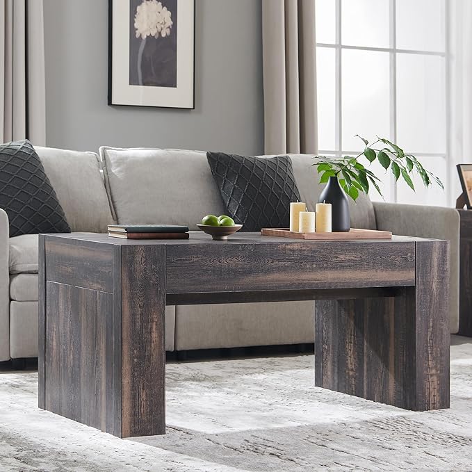 OKD 48" Modern Farmhouse Coffee Table, Wooden Living Room Table with Hidden Storage Drawer, Rustic Rectangular Center Tables w/Wood Thick Design for Living Room, Office, Dark Rustic Oak-Ruum Studio Home