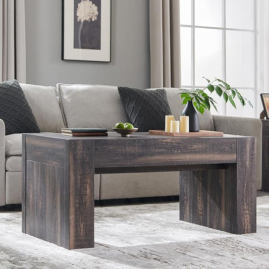OKD 48" Modern Farmhouse Coffee Table, Wooden Living Room Table with Hidden Storage Drawer, Rustic Rectangular Center Tables w/Wood Thick Design for Living Room, Office, Dark Rustic Oak-Ruum Studio Home