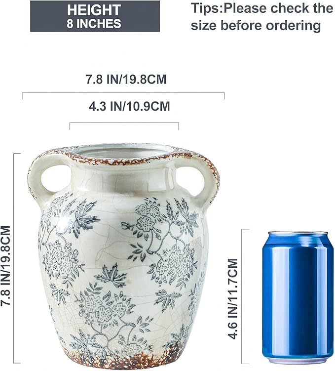 Enra Vintage vase with Handle,Blue and White Ceramic Decorative Flower vase, Chinoiserie Floral Vase,Large Rustic Vases for Home Decors, Living Room, Bookshelf, Office,7.8 in-Ruum Studio Home