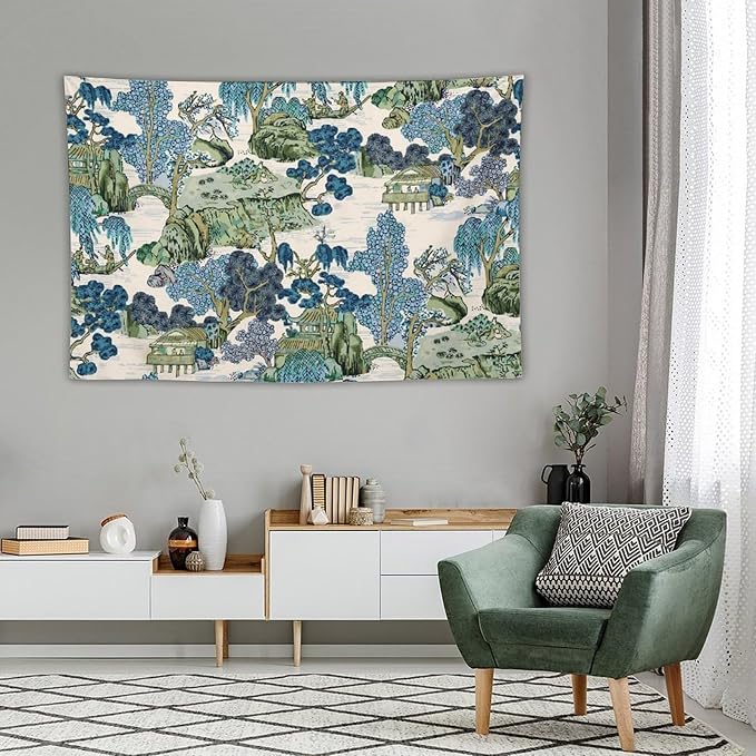 Chinoiserie Tapestry, Asian Watercolor Abstract Art, Japanese Wall Tapestry, Nature Landscape Tapestries for Bedroom, Living Room Decor 90"x60"-Ruum Studio Home