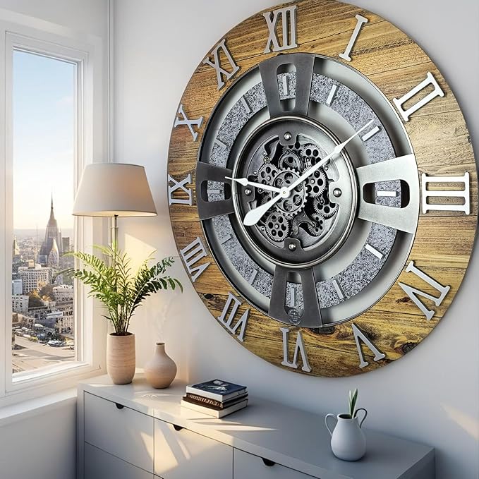 The Gears Clock Real Moving Gear Wall Clock England Line (Wood & Stone, 36 inches (90 cm))-Ruum Studio Home