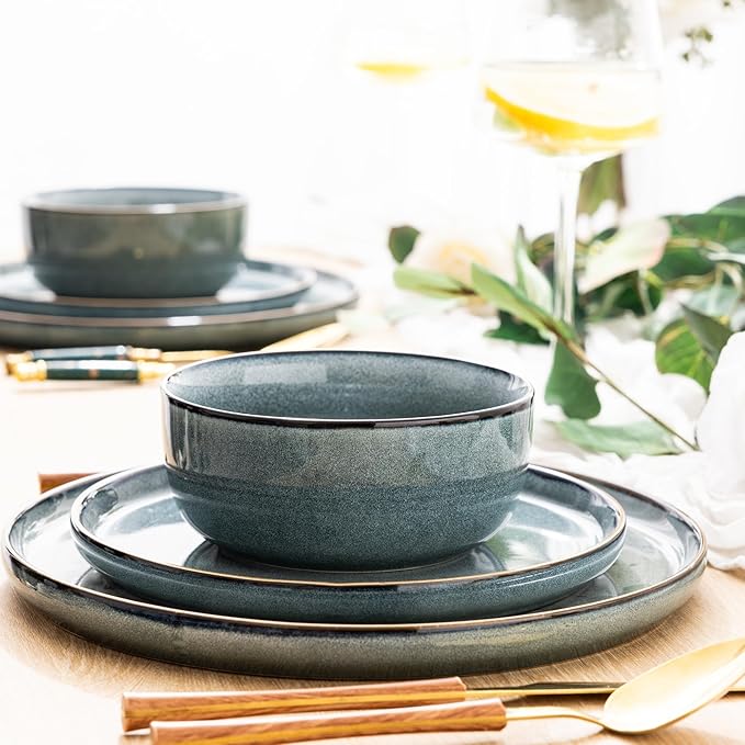 GBHOME Ceramic Dinnerware Sets for 4, 12 Pieces Stoneware Plates and Bowls Sets, Reactive Glaze Dishes -Scratch Resistant, Dishwasher&Microwave Safe, Space Blue-Ruum Studio Home