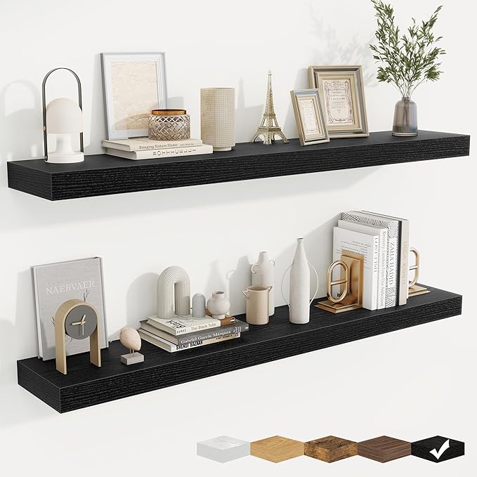 fuqing Floating Shelves for Wall, Bathroom Shelf Wall Mounted for Storage, Shelves with Invisible Bracket for Bedroom, Kitchen, Living Room, Farmhouse Small Book Shelf, 48 Inch Set of 2, Black-Ruum Studio Home