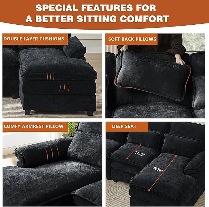 113" Oversized Cloud Couch, U Shape Sectional 4 Seat Sofa with Double Chaises, 2 Layer Cusions, Deep Seat Comfy Sofa, Upholstery Chenille Fabric for Living Room, Black-Ruum Studio Home