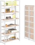 4NM No Assembly Foldable Bookshelf, 6-Shelf Collapsible Bookcase Storage for Small Spaces, 74" H, Natural White-Ruum Studio Home