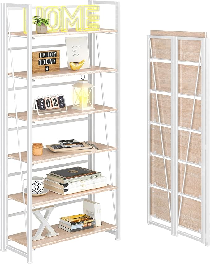 4NM No Assembly Foldable Bookshelf, 6-Shelf Collapsible Bookcase Storage for Small Spaces, 74" H, Natural White-Ruum Studio Home