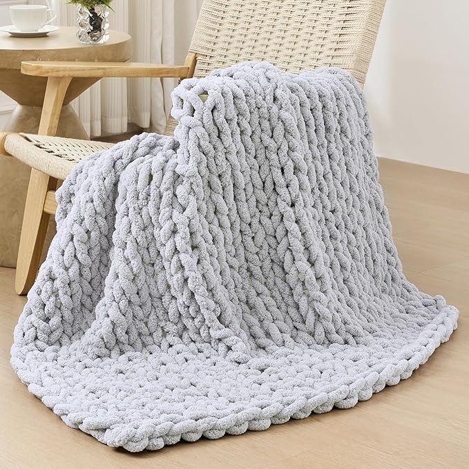 Bigacogo Chunky Knit Throw Blanket for Couch, 40x40 inches, 100% Hand Knitted with Thick Jumbo Chenille Yarn, Cozy Soft Large Rope Knot Cable Crochet Blankets for Sofa Bed Living Room, Light Grey-Ruum Studio Home