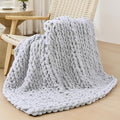 Bigacogo Chunky Knit Throw Blanket for Couch, 40x40 inches, 100% Hand Knitted with Thick Jumbo Chenille Yarn, Cozy Soft Large Rope Knot Cable Crochet Blankets for Sofa Bed Living Room, Light Grey-Ruum Studio Home