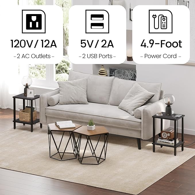 TUTOTAK End Table with Charging Station, Small Side Table, Nightstand Bedside Table, 2-Tier Storage Shelf for Small Space, Living Room, Bedroom, Marble Black TB01BMK040-Ruum Studio Home