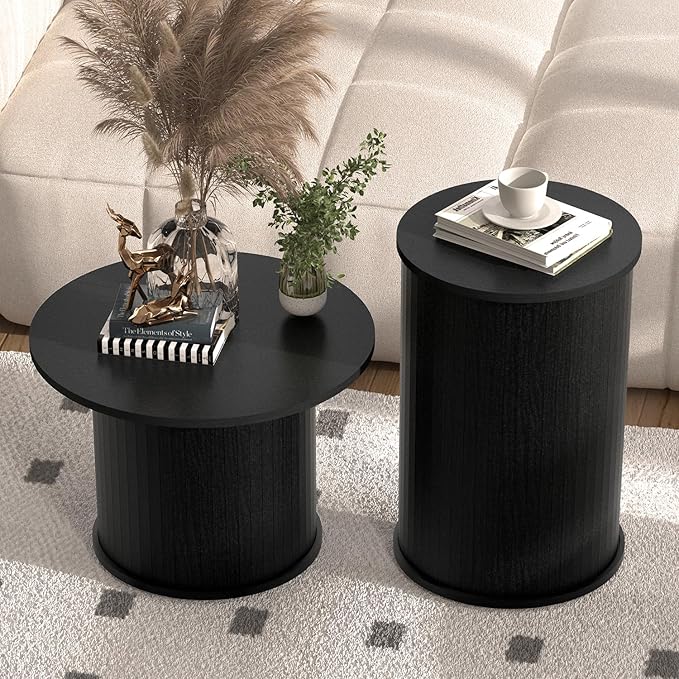 Set of 2 Round Nesting Coffee Tables for Living Room, Fluted Circle Black Wood Coffee and End Table Sets for Apartment, Small Spaces, Bedroom, Modern Style, Easy Assembly & Maintenance-Ruum Studio Home