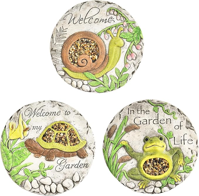 Sungmor 3PC Pretty Garden Stepping Stones, 9.8" Large Concrete Decorative Stones with Beautiful Pattern, Unique Outdoor Lawn Accents, Yard Walkway Flower Bed Wall Shelf Welcome Friends Decorations-Ruum Studio Home