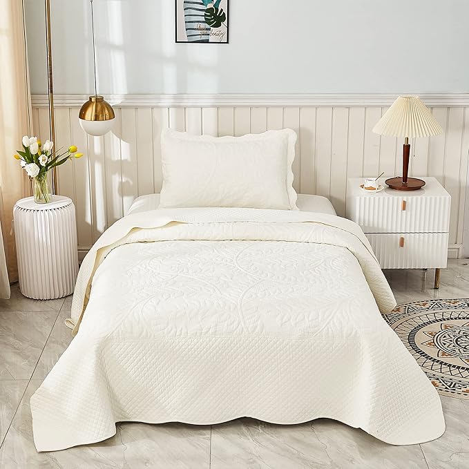 MarCielo 3-Piece 100% Cotton Oversized Bedspread Lightweight Quilt Coverlet Embroidery Farmhouse Bedding Set T0 (Bright White, Twin (68"x86"))-Ruum Studio Home