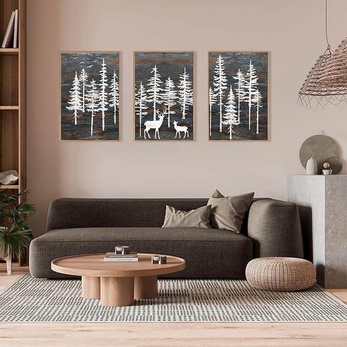 Modern White Forest Framed Canvas Wall Art Set, Minimalist Woodland Art Painting, Retro Tree Landscape Wall Decor, Wildland Deer Artwork for Living Room, Dining Room, Office - 16"x24"x3-Ruum Studio Home