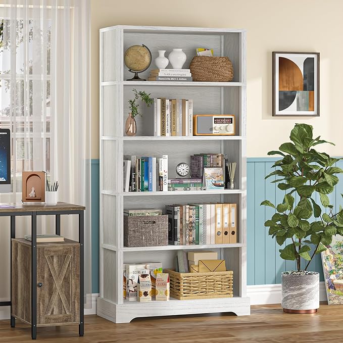 TVU 5-Shelf Wood Bookcase, 65 Inch Tall Bookshelf with Storage, Floor Standing Display Book Shelf，for Living Room Bedroom Study Office，Antique White-Ruum Studio Home
