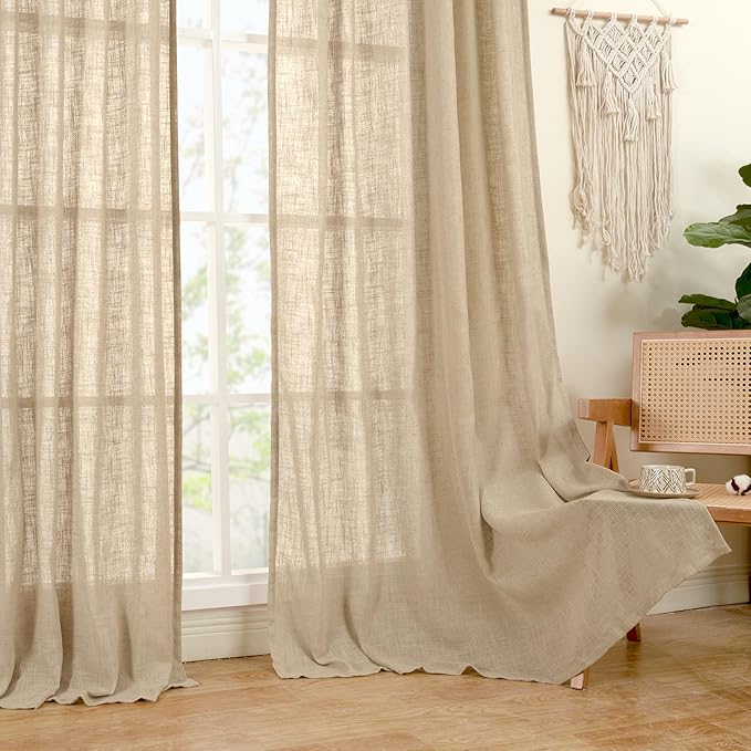 LAMIT Brown Linen Sheer Curtains 95 inch for Living Room 2 Panels, Soft Thick Light Filtering Boho Window Textured Burlap Drapes with Bronze Grommet for Bedroom Farmhouse, 52 x 95 Inch-Ruum Studio Home
