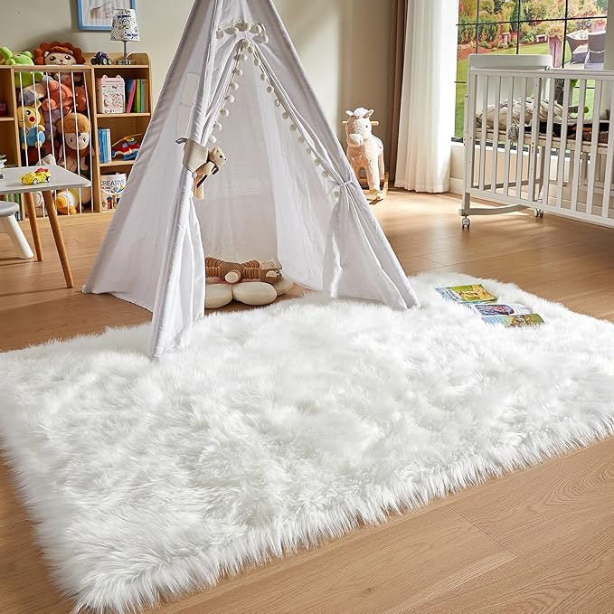 AMTOVO Faux Fur Sheepskin Rug for Living Room, 4 x 6 ft White Fluffy Area Rug for Bedroom, Playroom, Luxury Room Decor, Rectangle-Ruum Studio Home