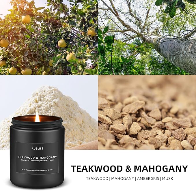 2 Pack Teakwood & Mahogany Candle | Scented Candles for Men, Man Gifts for Men - Masculine Candles - Soy Candle for Home Scented - 7oz Black Jar, Long Lasting-Ruum Studio Home