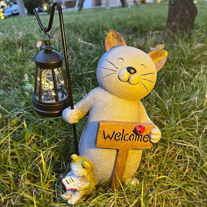 Cat Garden Statue with Solar Lantern: Cat Outdoor Figurine Decorations -Solar Garden Statue Decor for Patio,Balcony,Yard, Lawn - Gift for Mom, Grandma,Women, Housewarming,Birthday-Ruum Studio Home