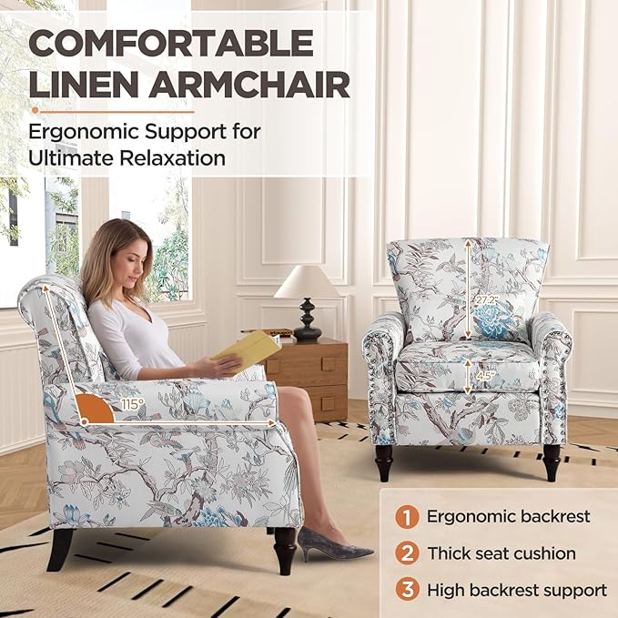 Wingback Accent Chair with Removable Pillow, High Back Floral Armchair with Solid Wood Legs & Nailhead Trim, Comfy Upholstered Reading Single Sofa Chair for Bedroom (2, Bird Floral Pattern)-Ruum Studio Home