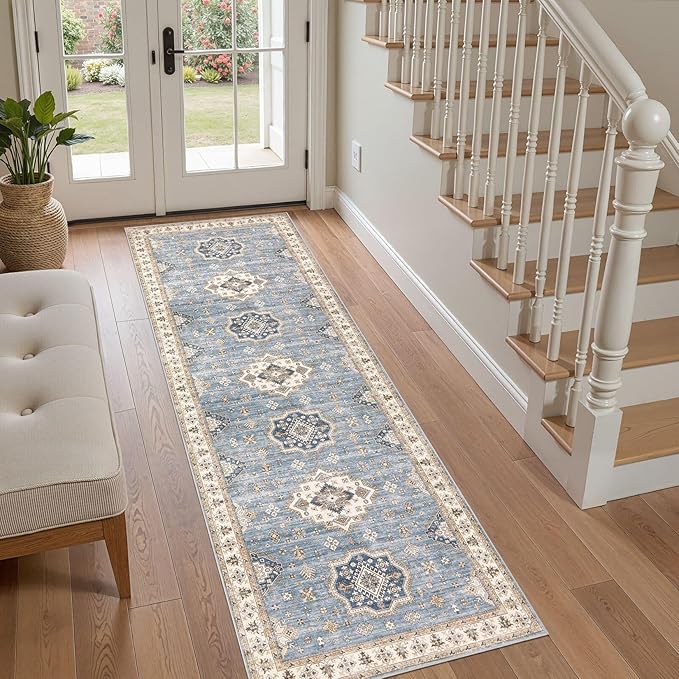 Washable 2x6 Runner Rug - Area Rugs Neutral Vintage Distressed Floral Farmhouse Boho Large Soft Floor Rug Indoor Carpet for Hallway Entryway Bedroom Kitchen - Blue-Ruum Studio Home