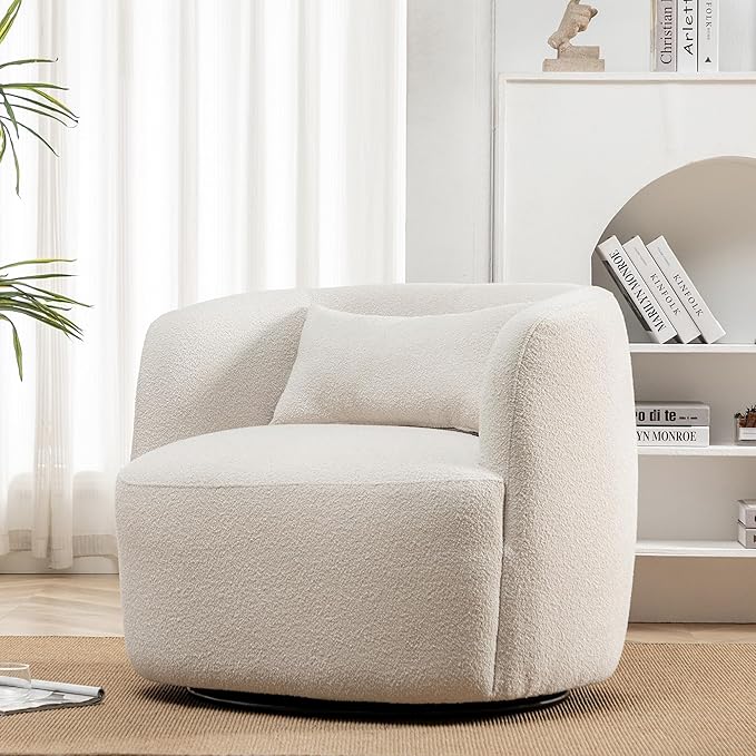 KINWELL 34" Wide Boucle Swivel Barrel Chair, No Assembly Round Upholstered Armchair Accent Chair Single Sofa Chair with Toss Pillow for Living Room and Bedroom, Beige-Ruum Studio Home