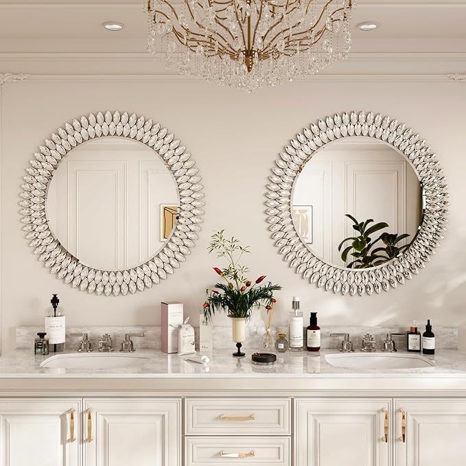 Kelly Miller Round Jeweled Mirror for Wall Decor, 32 in Modern Decorative Wall Mirror with Luxury Diamonds Beveled Vanity Mirror for Bedroom, Living Room, Bathroom, Hallway, Entryway, Fireplace-Ruum Studio Home