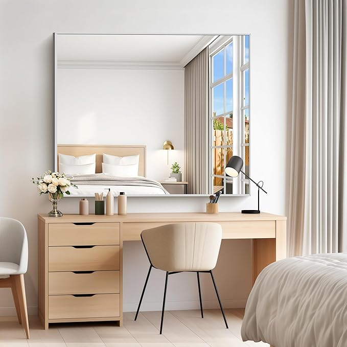 40x48inch Silver Bathroom Mirror, Silver Rectangle Mirror with Frame, Large Rectangular Wall Mirrors for Bathroom, Living Room, Hair Salon, Big Farmhouse Mirror Hang Horizontal/Vertical-Ruum Studio Home