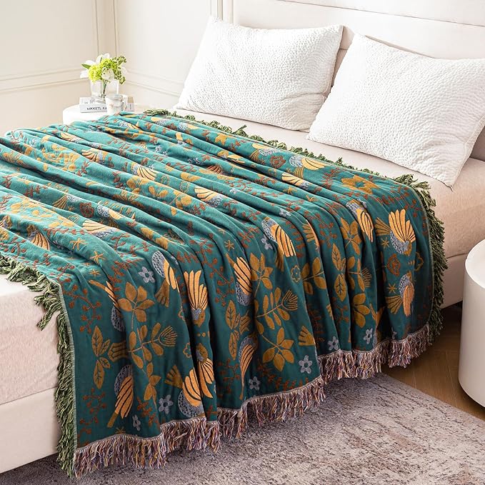 MSGKV Boho Throw Blanket Queen Size Cotton Blanket for Couch and Sofa Living Room Blanket Summer Bed Cozy Gauze Blanket 90" x 90"-Ruum Studio Home