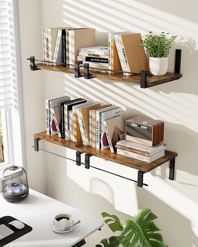 Deep Floating Shelves for Wall, 12 inch Wall Mounted Shelves Set of 2, Wide Floating Shelves for Living Room, Bedroom, Study, Bathroom, Rustic Brown and Black TBJ02P2BF-Ruum Studio Home