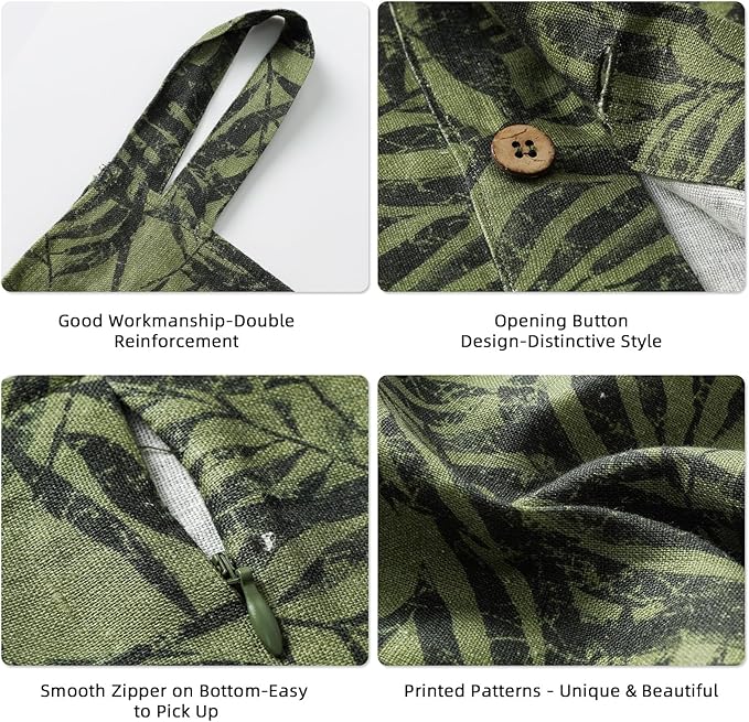 Linen Hanging Laundry Bag, 100% Linen Leaf Print Over The Door Laundry Hamper with Buttons and Zipper, Space Saving Door Hampers for Laundry Dirty Clothes Home Travel, Green, 19.7x27.5inches-Ruum Studio Home