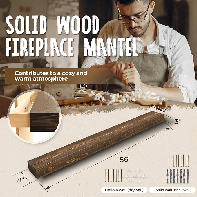 56x8x3 Fireplace Mantel - Handcrafted Hollow Rustic Solid Wood Wall Mounted Floating Shelf with Invisible Heavy Duty Wood Bracket (Weathered Brown)-Ruum Studio Home