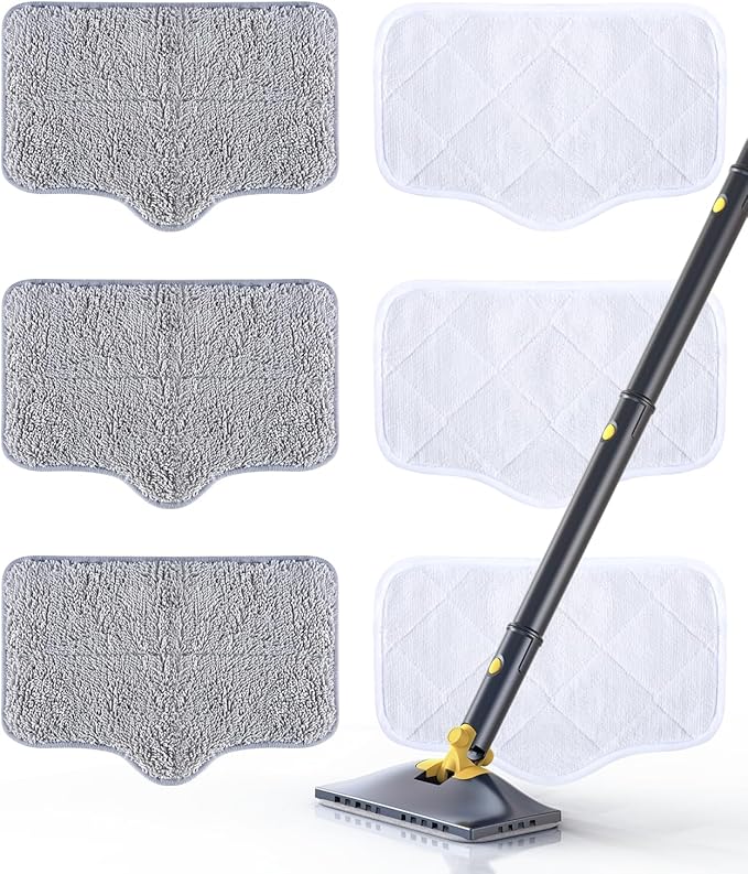 ScrubWiz Steam Mop Pads with Washable and Reusable, 6 Pack Replacement, 2 Material Types Accessories Compatible With Steamer Mop for Cleaning Floors and Carpets, White and Gray-Ruum Studio Home