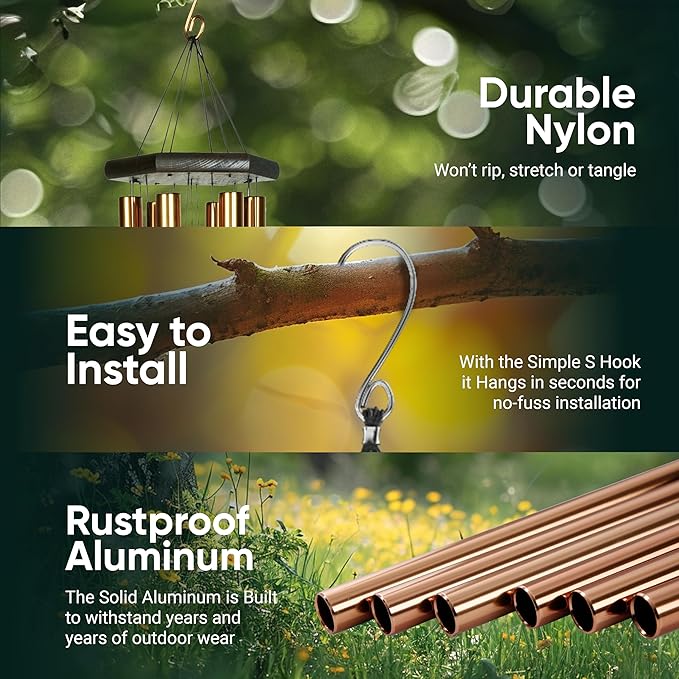 Nature’s Melody Premiere Grande Tunes Wind Chimes – Outdoor Windchime with 6 Tubes Tuned to E Pentatonic Scale, Rustproof Aluminum, Beech Wood & S Hook Hanger for Sympathy, Memorial Gift or Zen Garden-Ruum Studio Home