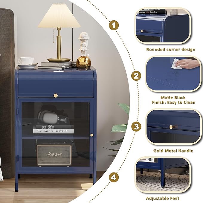 Modern Metal Side Tables Set of 2, End Tables with Glass Door, 2-Tier Nightstands with Storage Shelves, Accent Table, Slim Sofa Table for Living Room, Bedroom (Blue)-Ruum Studio Home