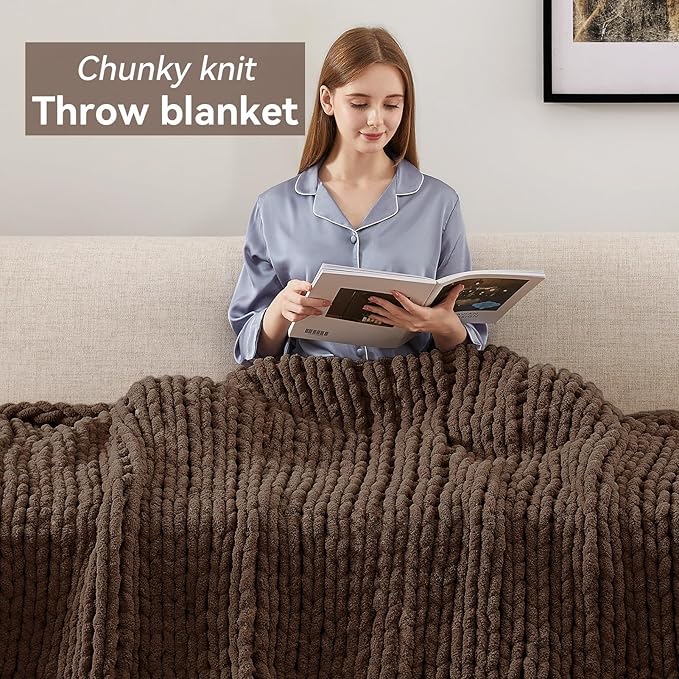 Chunky Knit Throw Blanket, 30''*40'' Knitted Throw Chenille Yarn for Bed Couch, Handmade Dark Brown Crochet Big Thick Blanket, Machine Washable Cute Comfy Blanket for Home Decor-Ruum Studio Home