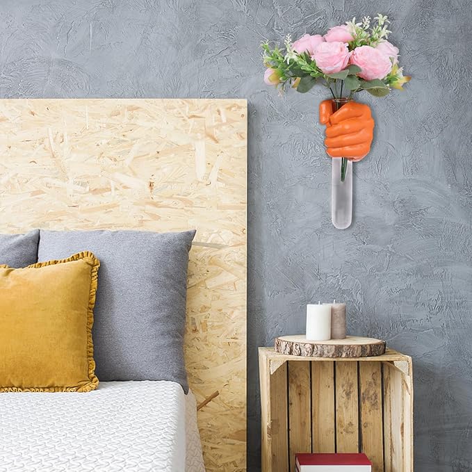 Orange Wall Sculptures, Hand Vases Home Decor, Wall Mount Art Sculpture, Unique Wall Art Statue, Funky Flower Vase Decorations, Modern Eclectic Hanging Decor,Glass Test Tube Vase (Orange)-Ruum Studio Home