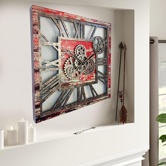 The Gears Clock 24'' Inch Square Real Moving Gear Wall Clock Vintage Industrial Oversized Rustic Farmhouse (Red Lava)-Ruum Studio Home
