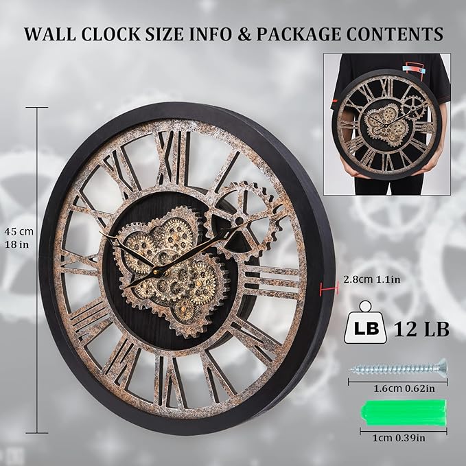 HOIBAI Wall Clock, Large Wall Clocks for Living Room Decor 18 Inch Battery Operated Silent Non-Ticking Modern Farmhouse Vintage Roman Big Wall Clock for Home Bedroom House, Moving Gears Clock-Ruum Studio Home