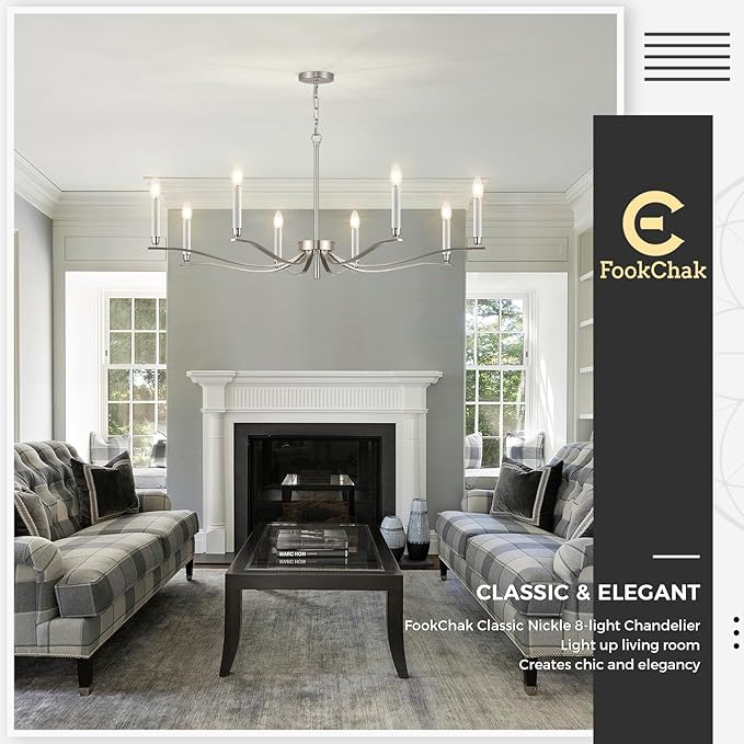 Nickel Chandeliers for Dining Room, 8-Light Chandelier Light Fixture Over Table Modern Candle Chandelier 44in Master Bedroom Chandeliers Lighting for Entry Foyer Bathtub Living Room-Ruum Studio Home