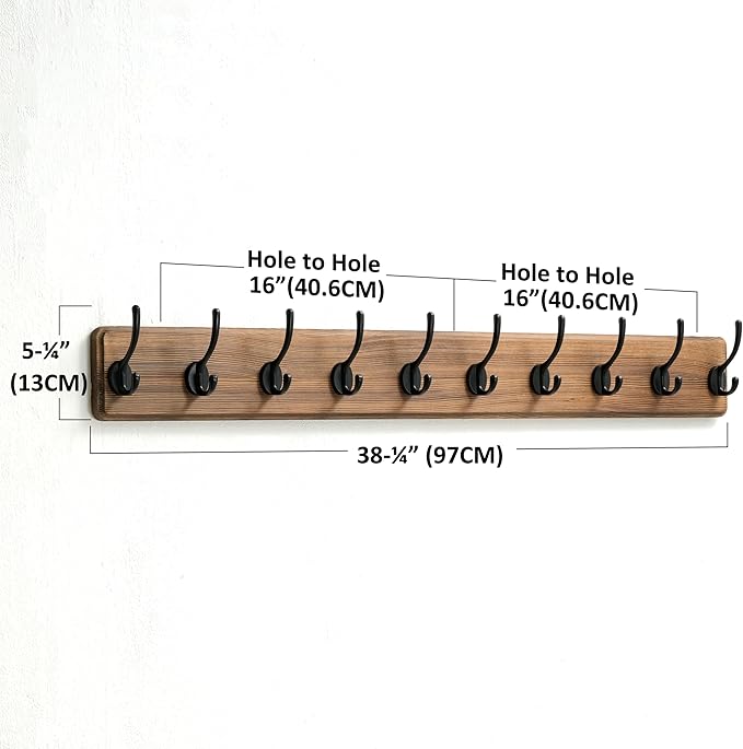 Dseap Wall Mounted Coat Rack: 38-1/4" Long, Patented, Heavy-Duty, 10-Double-Hooks Wooden Hanger Rail for Winter Coats, Hat, Jacket, Clothing - Natural & Black-Ruum Studio Home