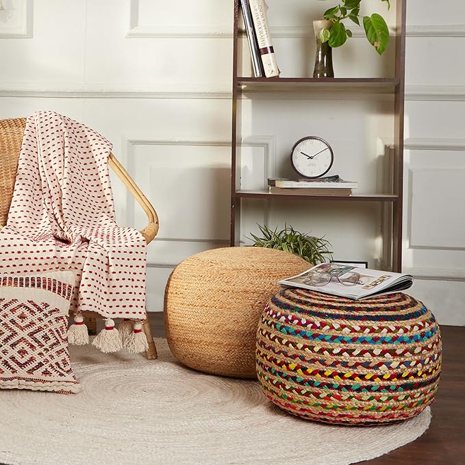 REDEARTH · Round Pouf Ottoman - Braided Boho Poof Home Décor Pouffe Accent Sitting Circular Foot Rest for Living Room, Bedroom, Nursery, Lounge; Jute and Cotton Set of 2 (19.5"x19.5"x14"; Multi)-Ruum Studio Home