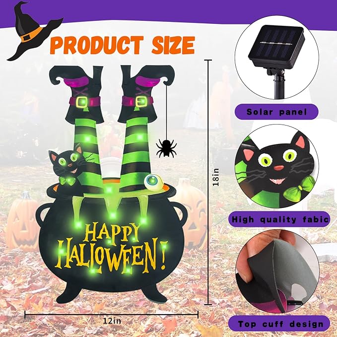 Halloween Lighted Garden Flag for Outside, Witch Feet Shape Flag Yard Decor, 8 Modes Double Sided Cauldron Eyeball Black Cat Outdoor Hlloween Decorations for Home Porch (Green-28x40)-Ruum Studio Home