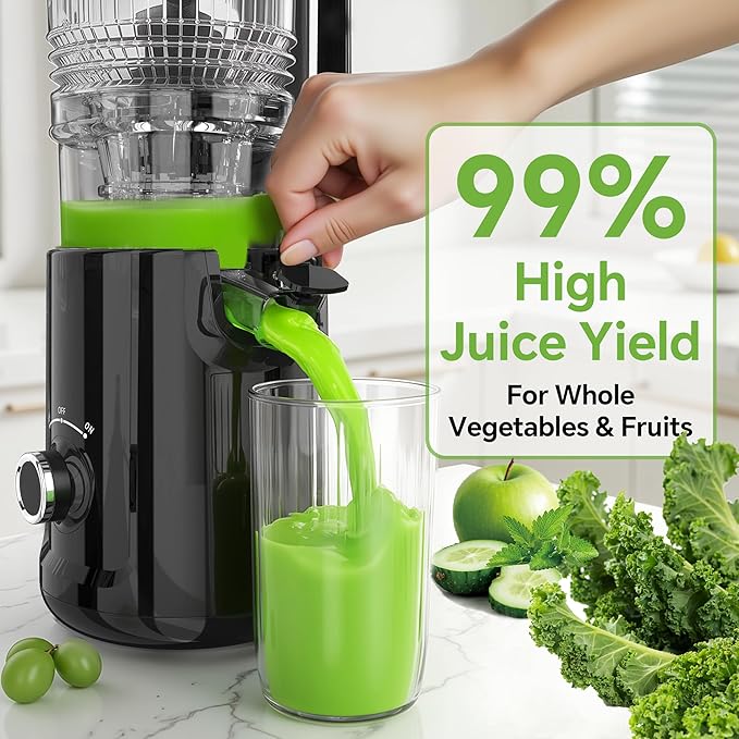 Cold Press Juicer - 5.3" Large Feed Chute Juicer Machines for Whole Vegetables & Fruits, 99% High Juice Yield, Quiet & Easy to Clean Slow Masticating Juicer, BPA-Free, Preserves More Nutrients (Black)-Ruum Studio Home