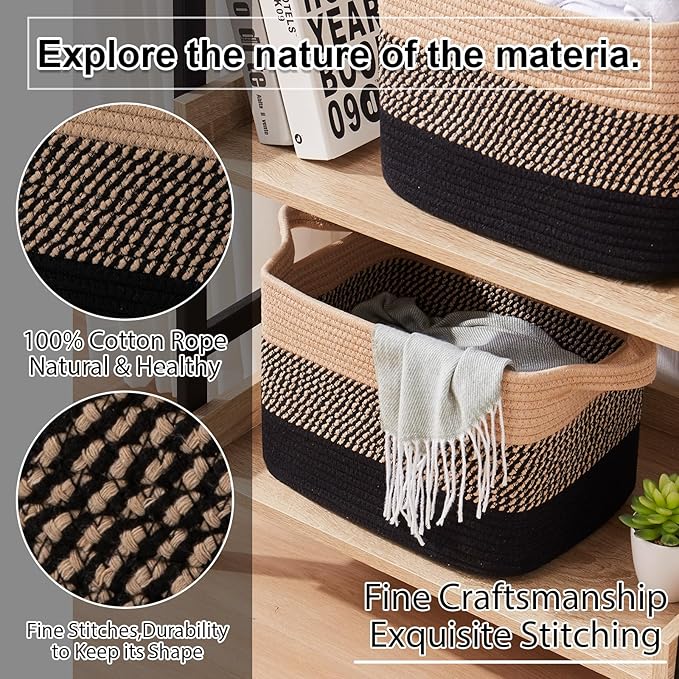 OIAHOMY Storage Basket, Woven Baskets for Storage, Cotton Rope Basket for toys,Towel Baskets for Bathroom - Pack of 3, Black & Brown-Ruum Studio Home