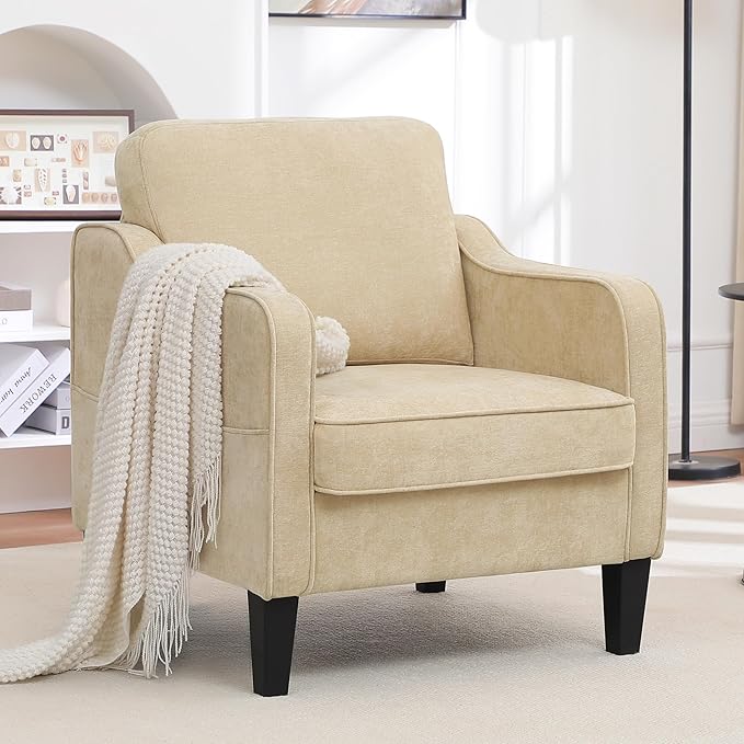 Accent Chair for Living Room, Mid Century Modern Reading Chair for Bedroom, Upholstered Armchair with Side Pockets, Comfy Single Sofa Side Chair for Office, Apartment, Small Room, Light Brown-Ruum Studio Home