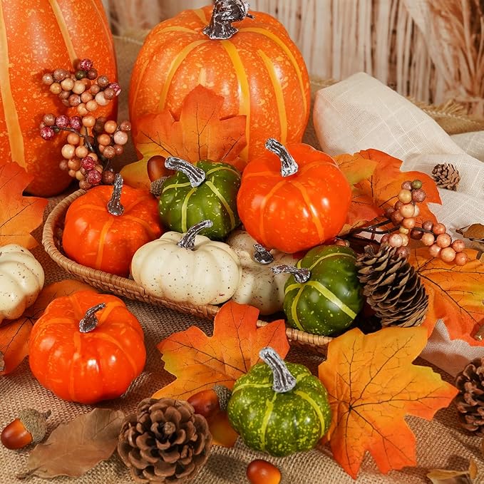 Artmag Pumpkin Decor Set, 25 PCS Fall Artificial Maple Leaves, Harvest Pumpkins, Acorns, Pine Cones and Orange Berry Stems Decorations for Fall Thanksgiving Table Decor-Ruum Studio Home
