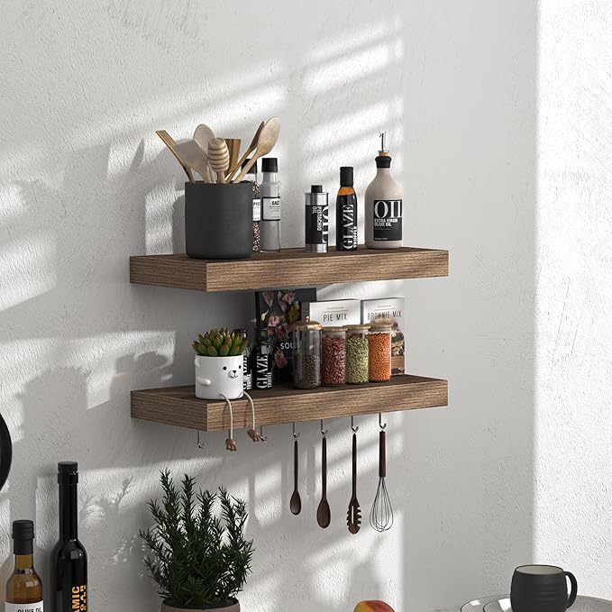 Fun Memories Floating Shelves - 16 Inch Wall Shelf for Decor & Storage - Wall Mounted Display Shelving with Invisible Heavy-Duty Metal Bracket 2Pack, Walnut-Ruum Studio Home